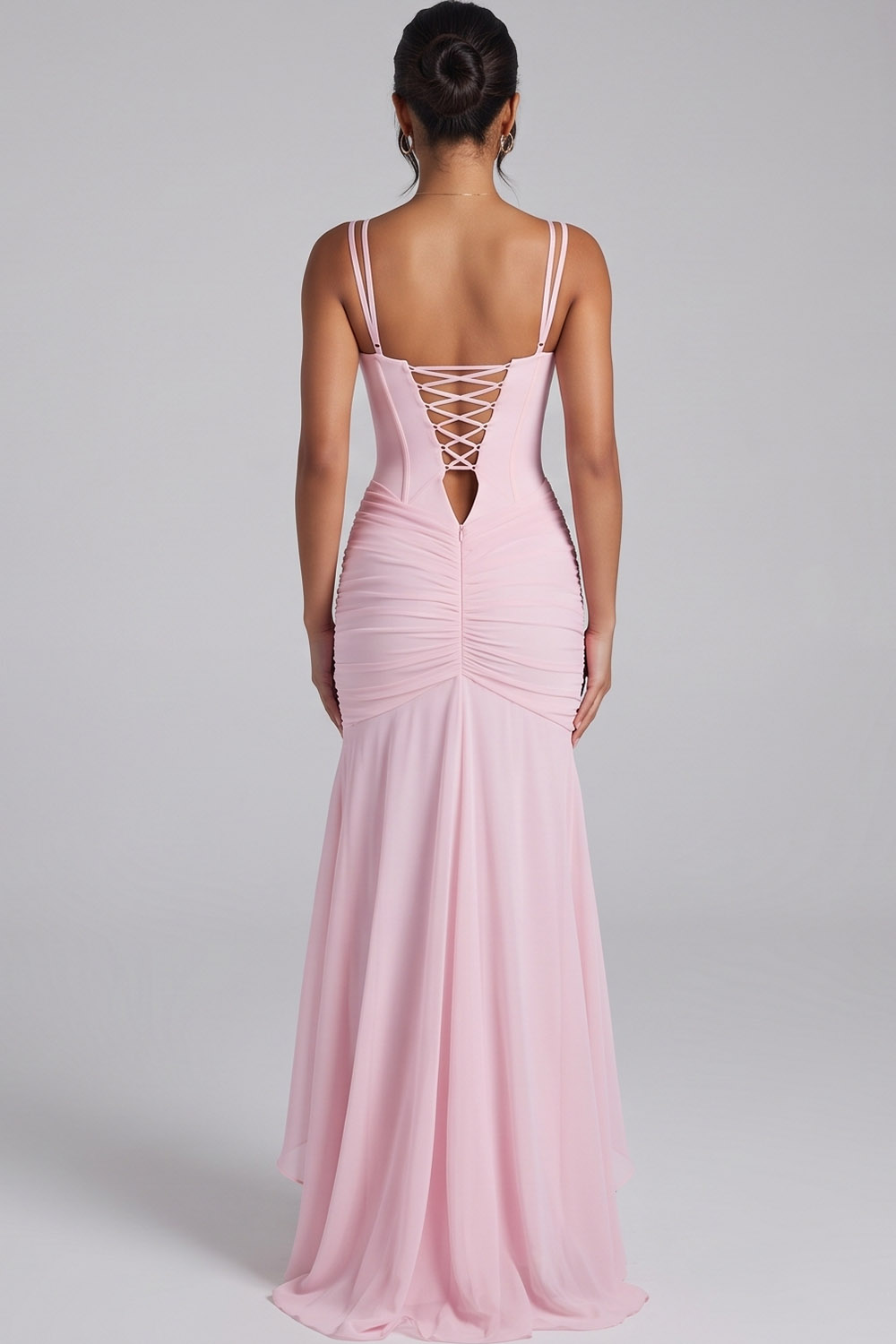 Pink Corset Spaghetti Straps Ruched Long Prom Dress with Side Slit