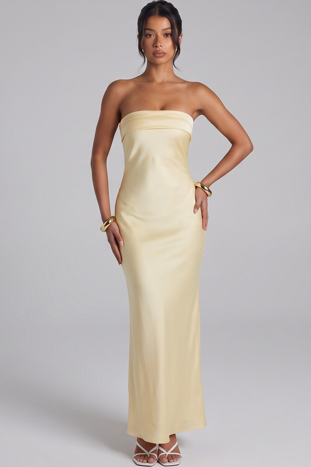 Daffodil Satin Sheath Strapless Long Formal Dress