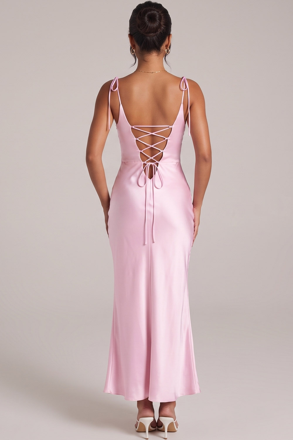Pink Satin Sheath Lace Up Back Long Formal Dress