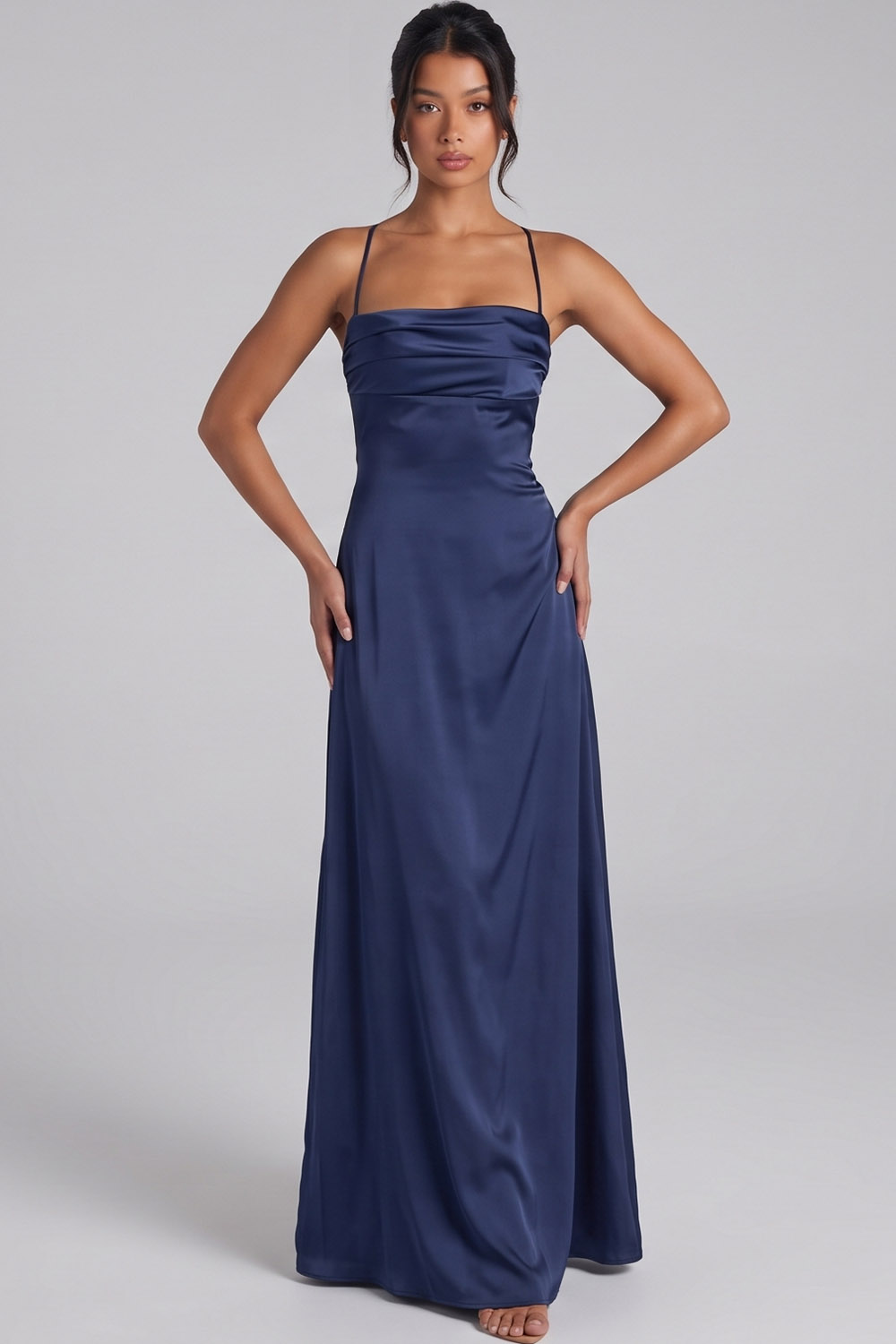 Navy Satin Spaghetti Straps Ruched Long Formal Dress