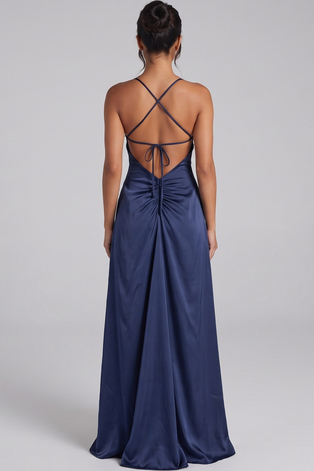 Navy Satin Spaghetti Straps Ruched Long Formal Dress