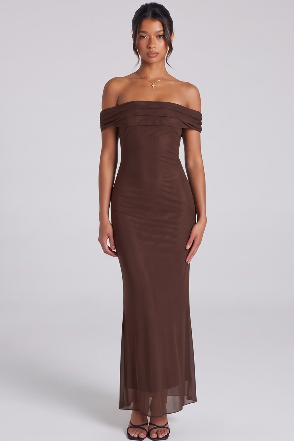 Espresso Sheath Off the Shoulder Ruched Long Formal Dress