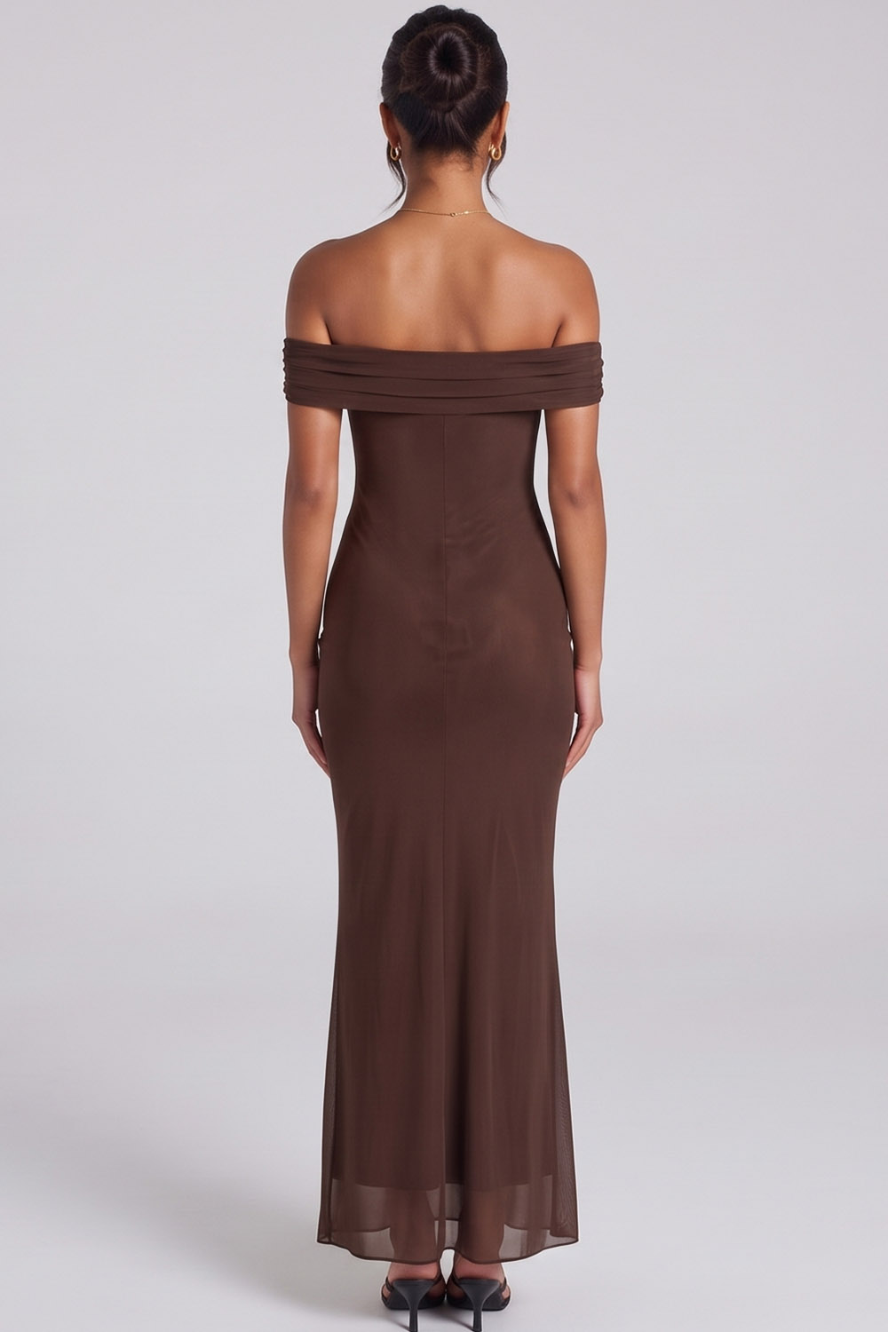 Espresso Sheath Off the Shoulder Ruched Long Formal Dress
