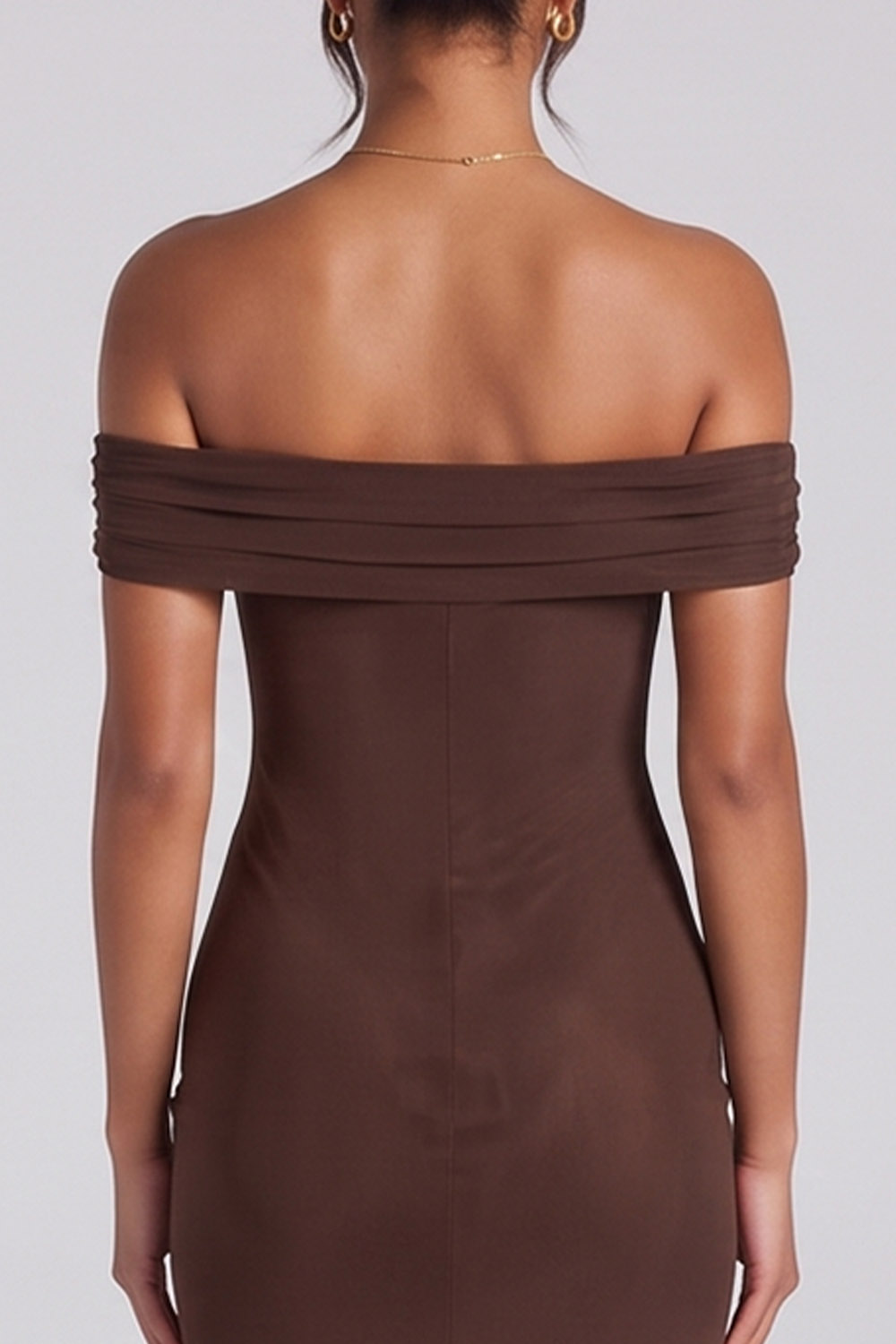 Espresso Sheath Off the Shoulder Ruched Long Formal Dress