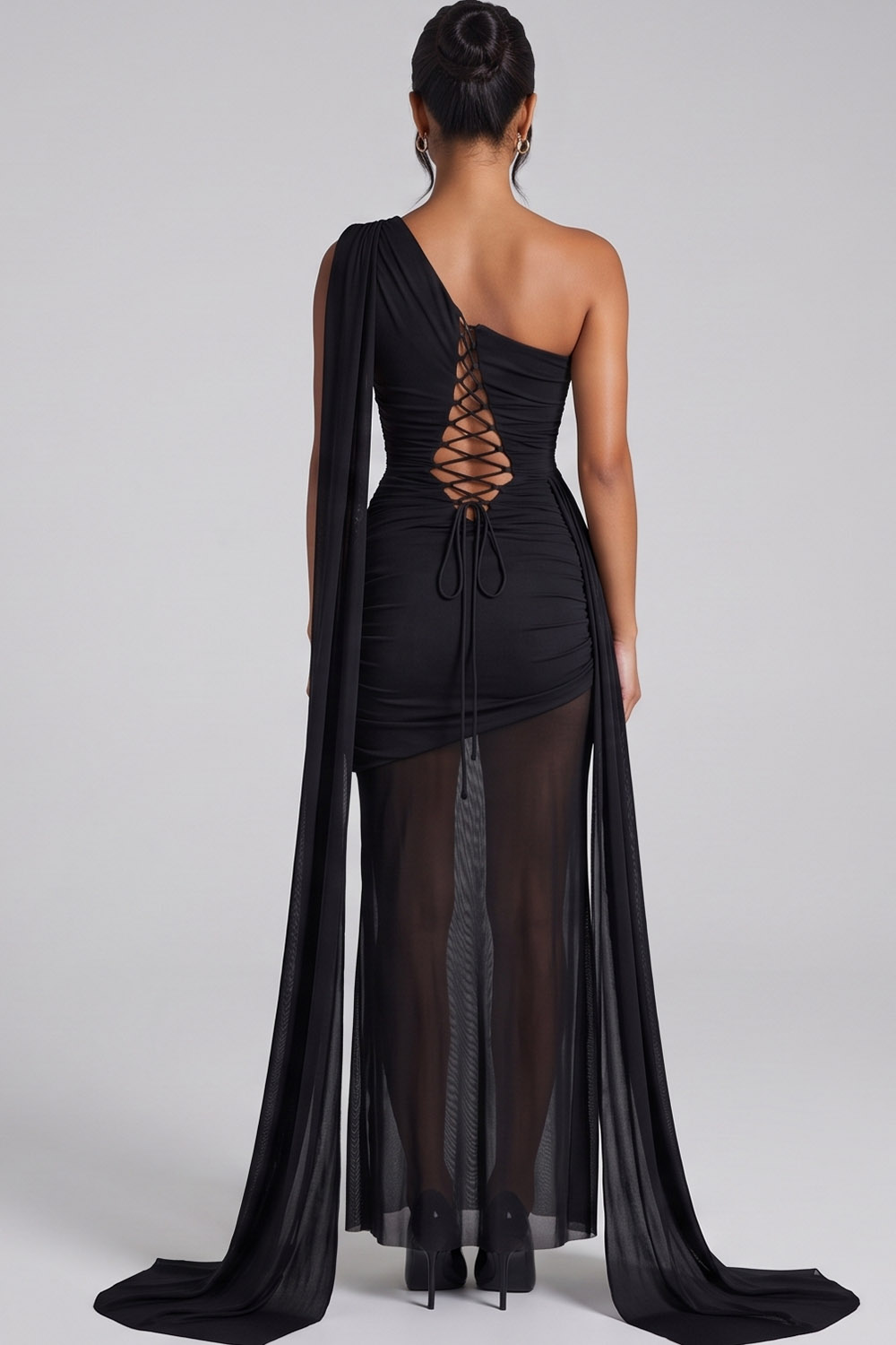 Black One Shoulder Ruched Bodycon Long Formal Dress