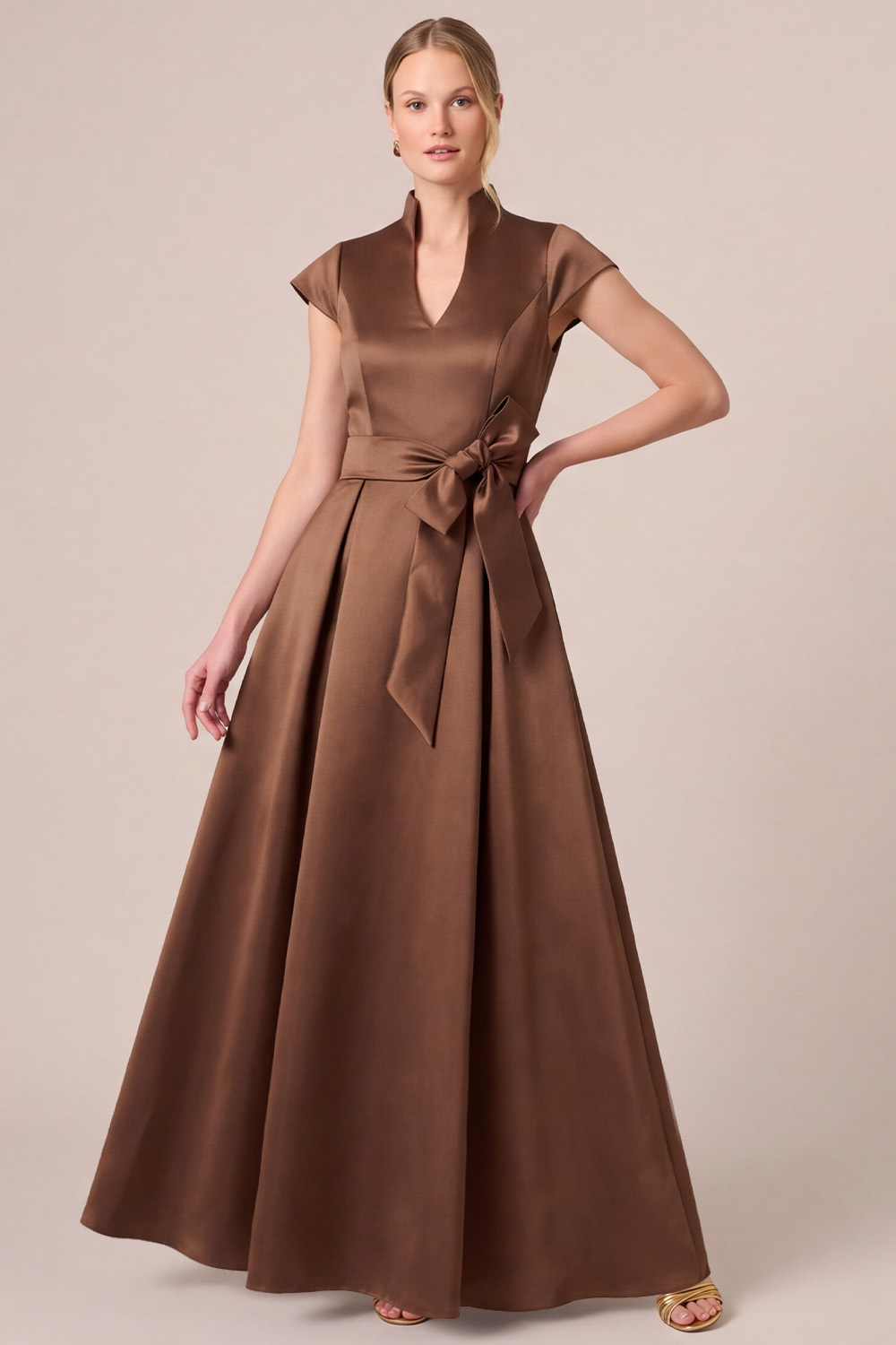 Espresso A-Line V-Neck Satin Long Mother of the Bride Dress with Bow