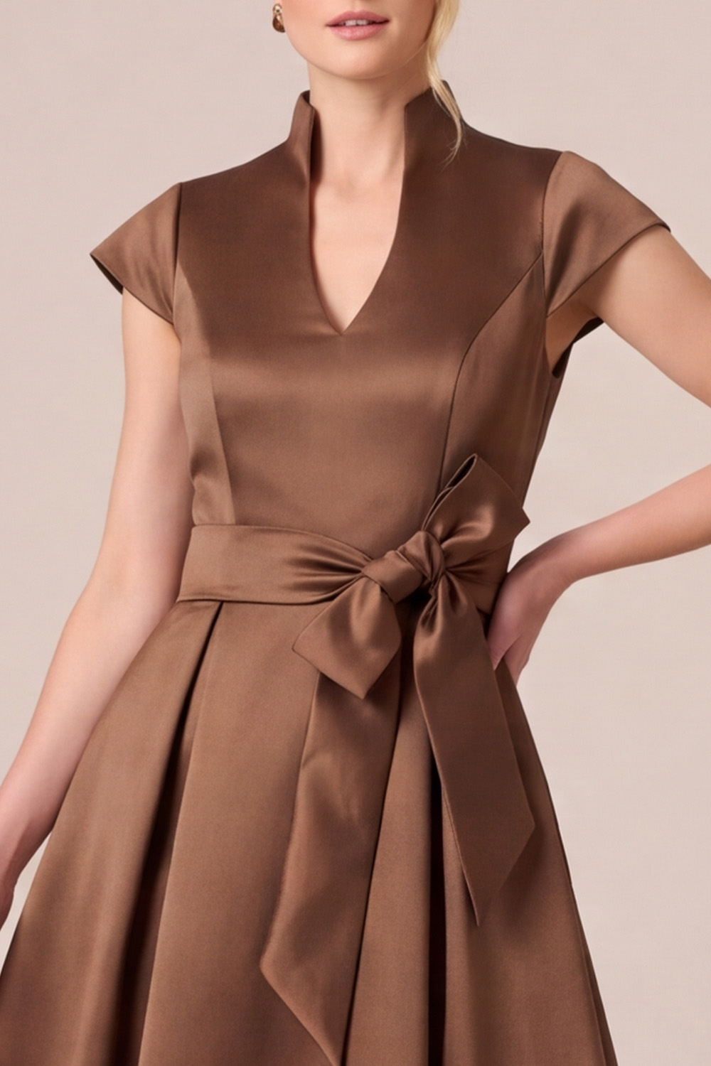 Espresso A-Line V-Neck Satin Long Mother of the Bride Dress with Bow