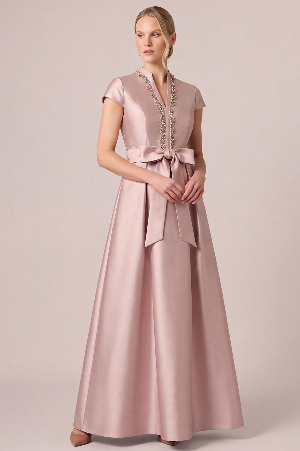 Dusty Rose A-Line V-Neck Cap Sleeves Long Mother of the Bride Dress with Bow