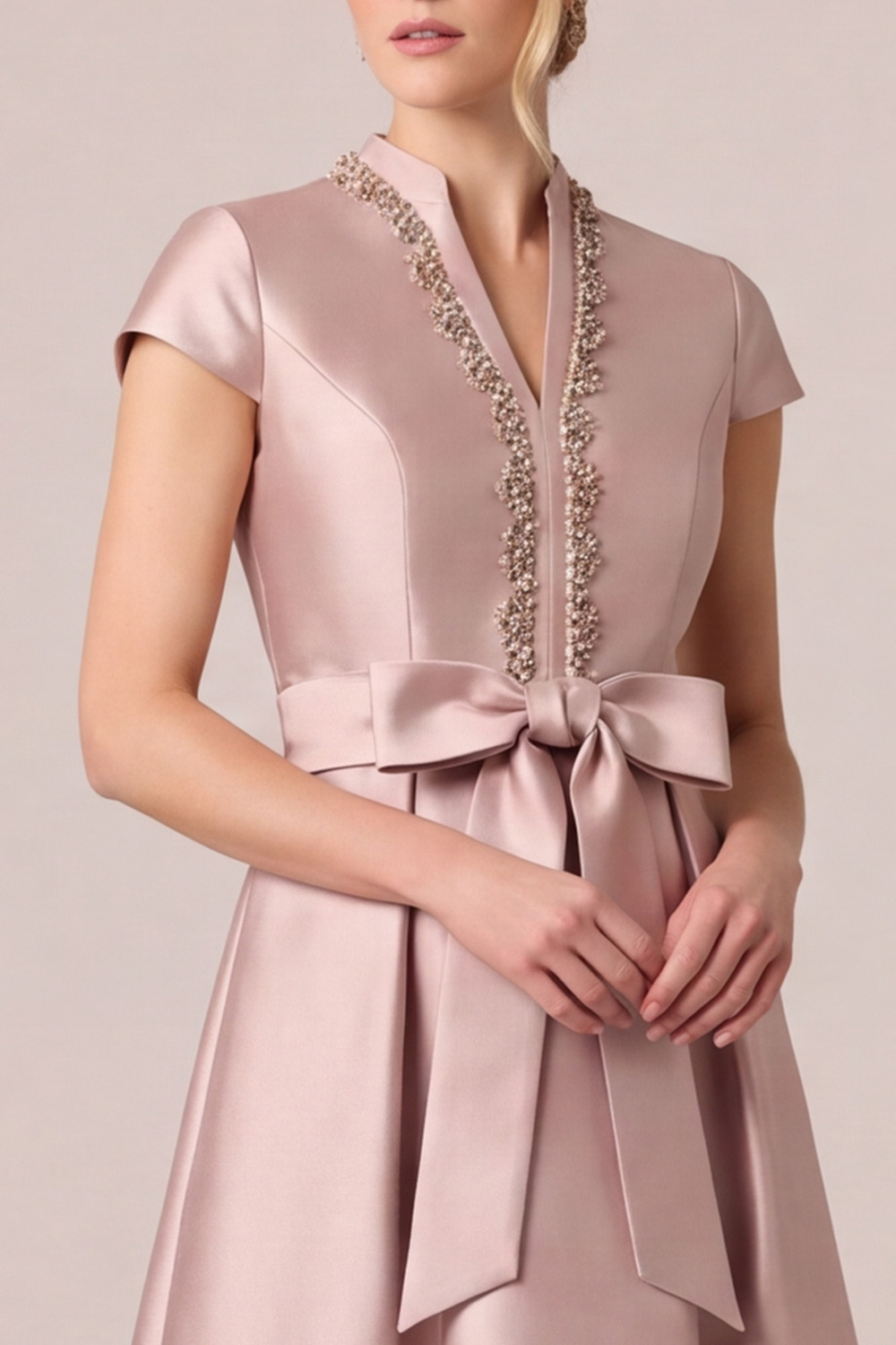 Dusty Rose A-Line V-Neck Cap Sleeves Long Mother of the Bride Dress with Bow