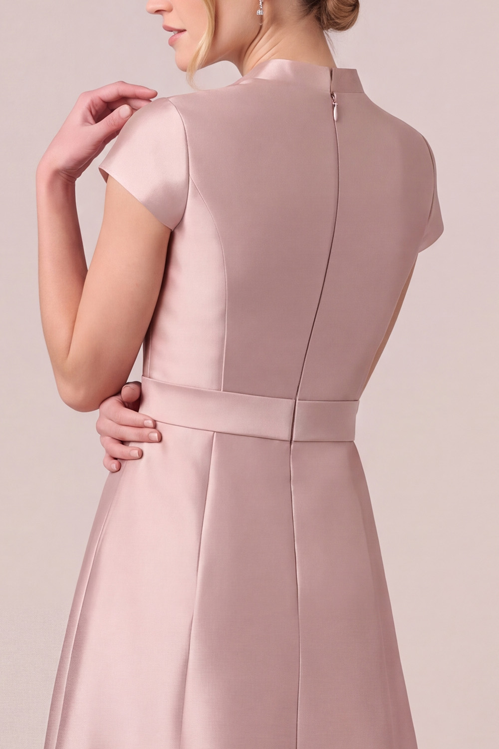 Dusty Rose A-Line V-Neck Cap Sleeves Long Mother of the Bride Dress with Bow