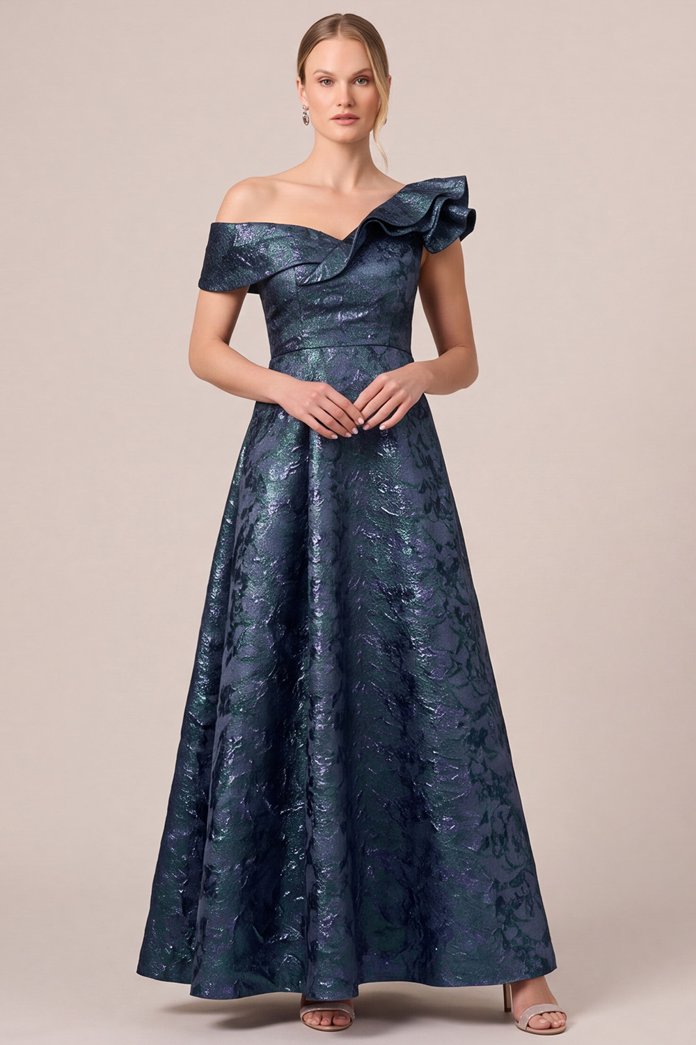 Navy A-Line Asymmetrical Neck Ruffles Long Mother of the Bride Dress