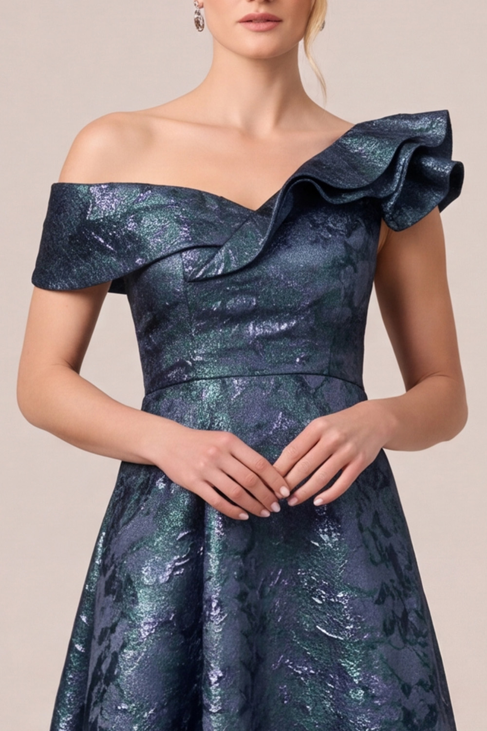 Navy A-Line Asymmetrical Neck Ruffles Long Mother of the Bride Dress