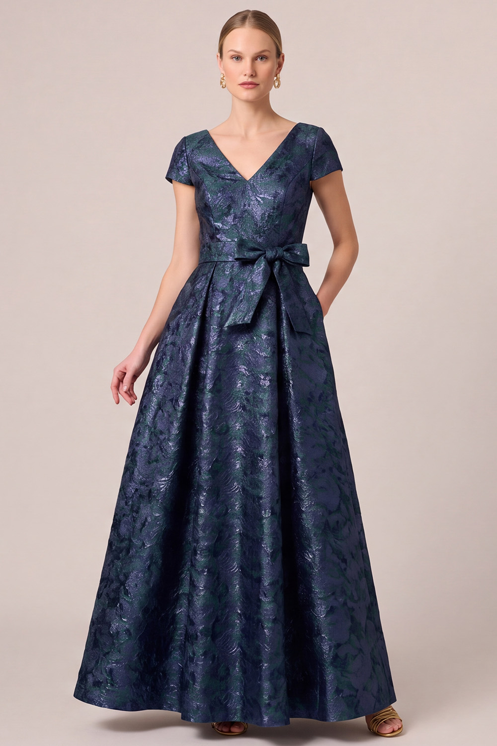 Navy A-Line V-Neck Long Mother of the Bride Dress with Bow