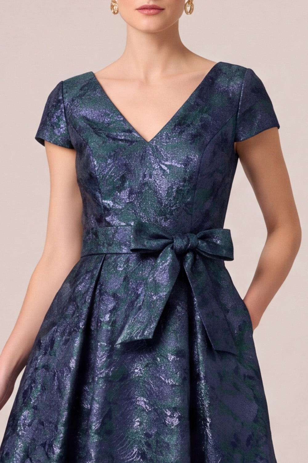 Navy A-Line V-Neck Long Mother of the Bride Dress with Bow