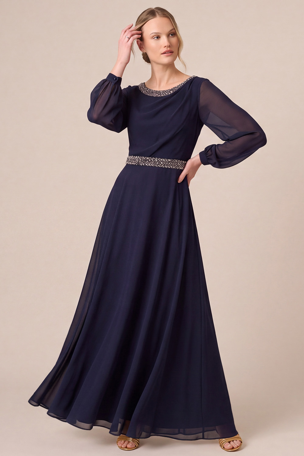 Navy A-Line Round Neck Long Sleeves Mother of the Bride Dress with Beading