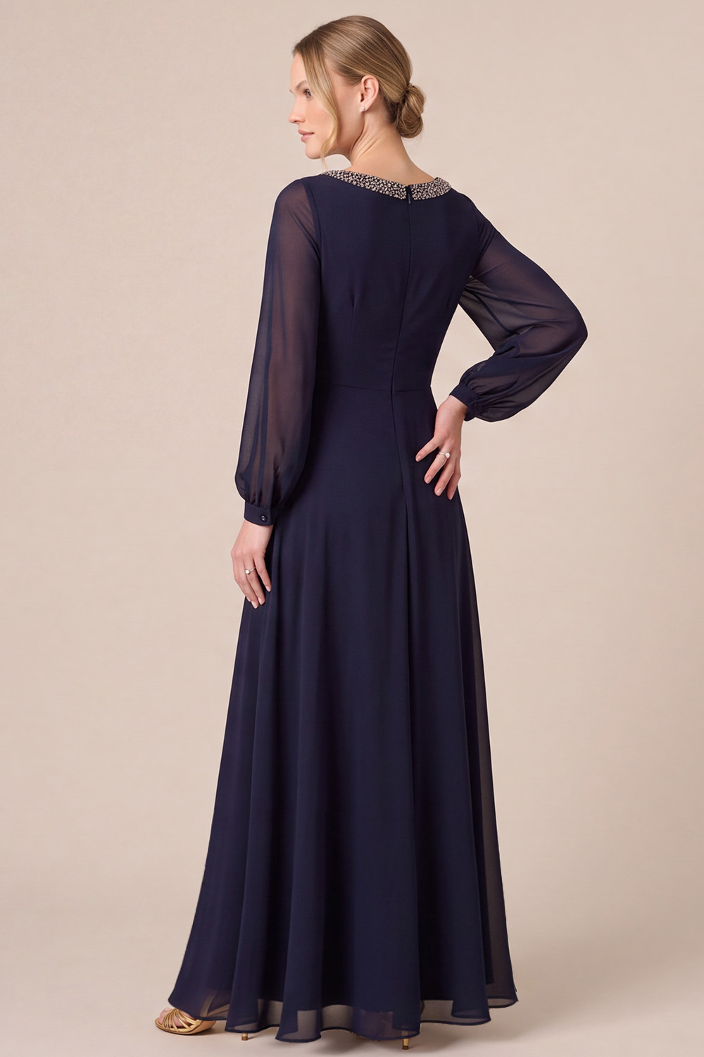 Navy A-Line Round Neck Long Sleeves Mother of the Bride Dress with Beading