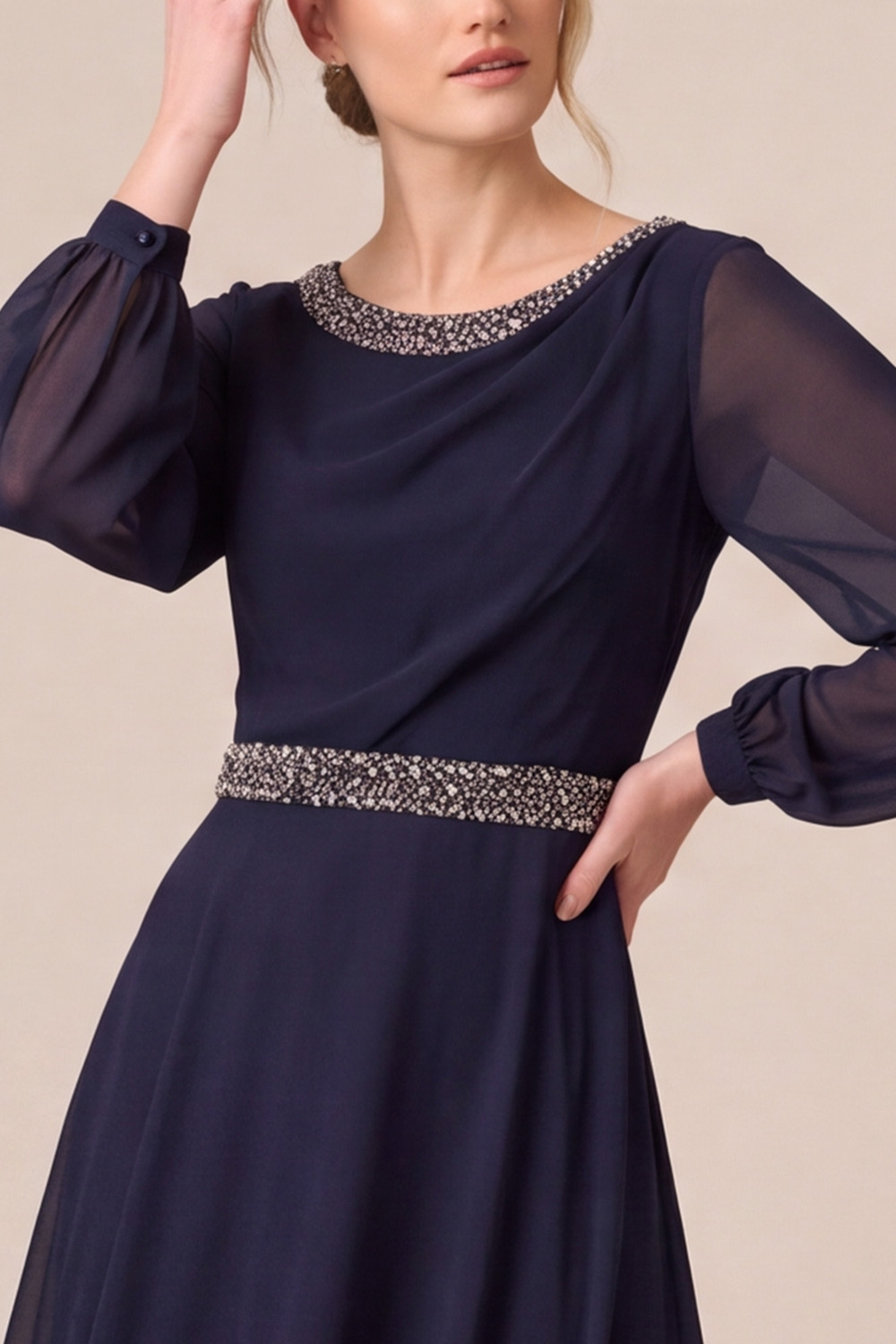 Navy A-Line Round Neck Long Sleeves Mother of the Bride Dress with Beading