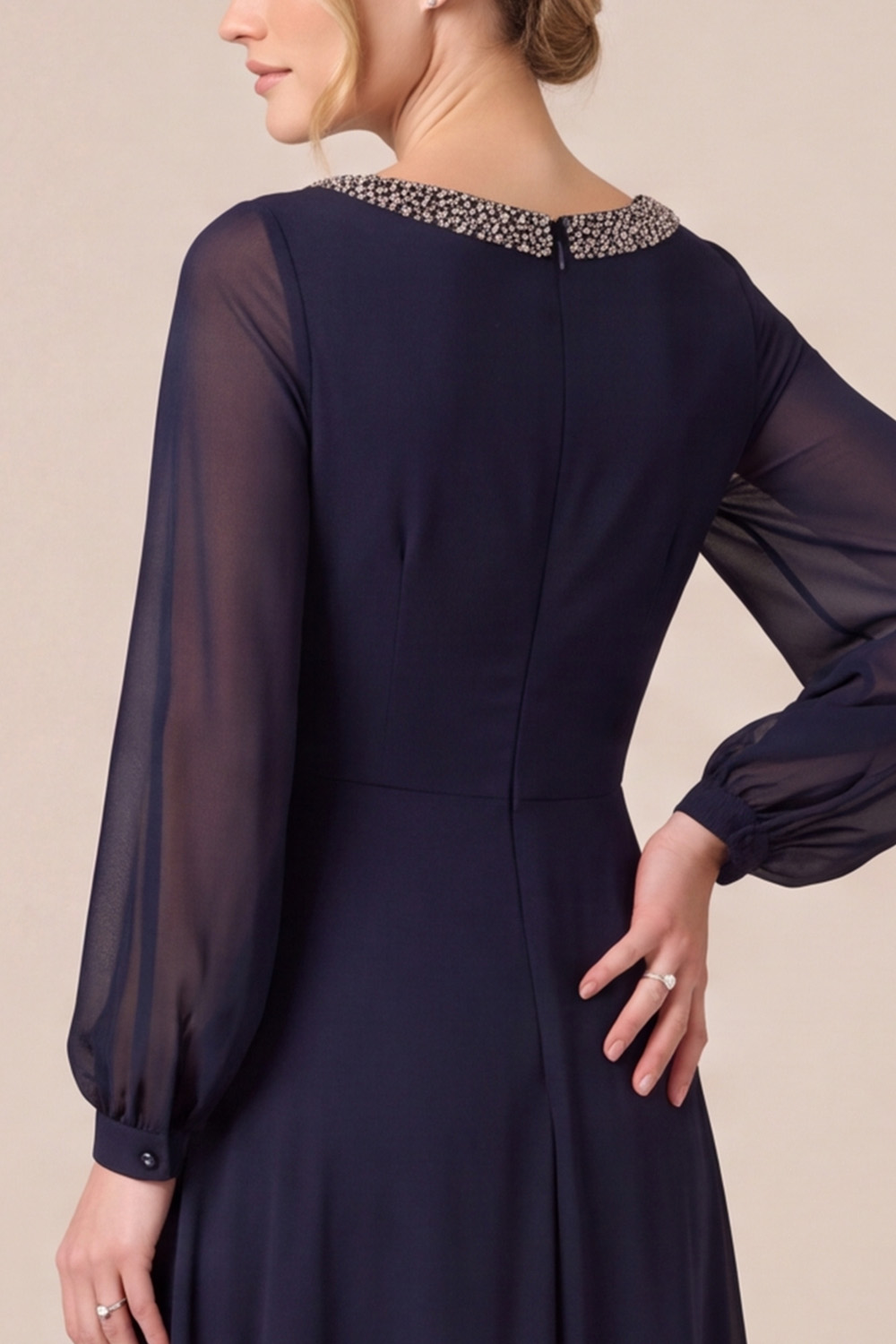 Navy A-Line Round Neck Long Sleeves Mother of the Bride Dress with Beading