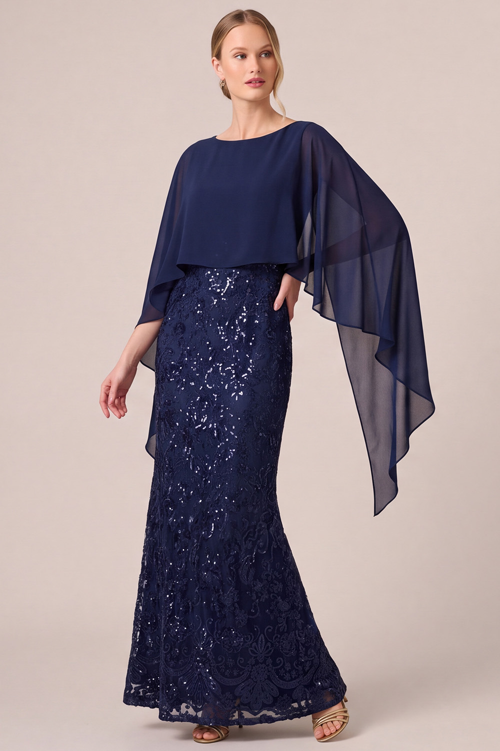 Navy Sparkly Round Neck Sequin Long Mother of the Bride Dress with Cape