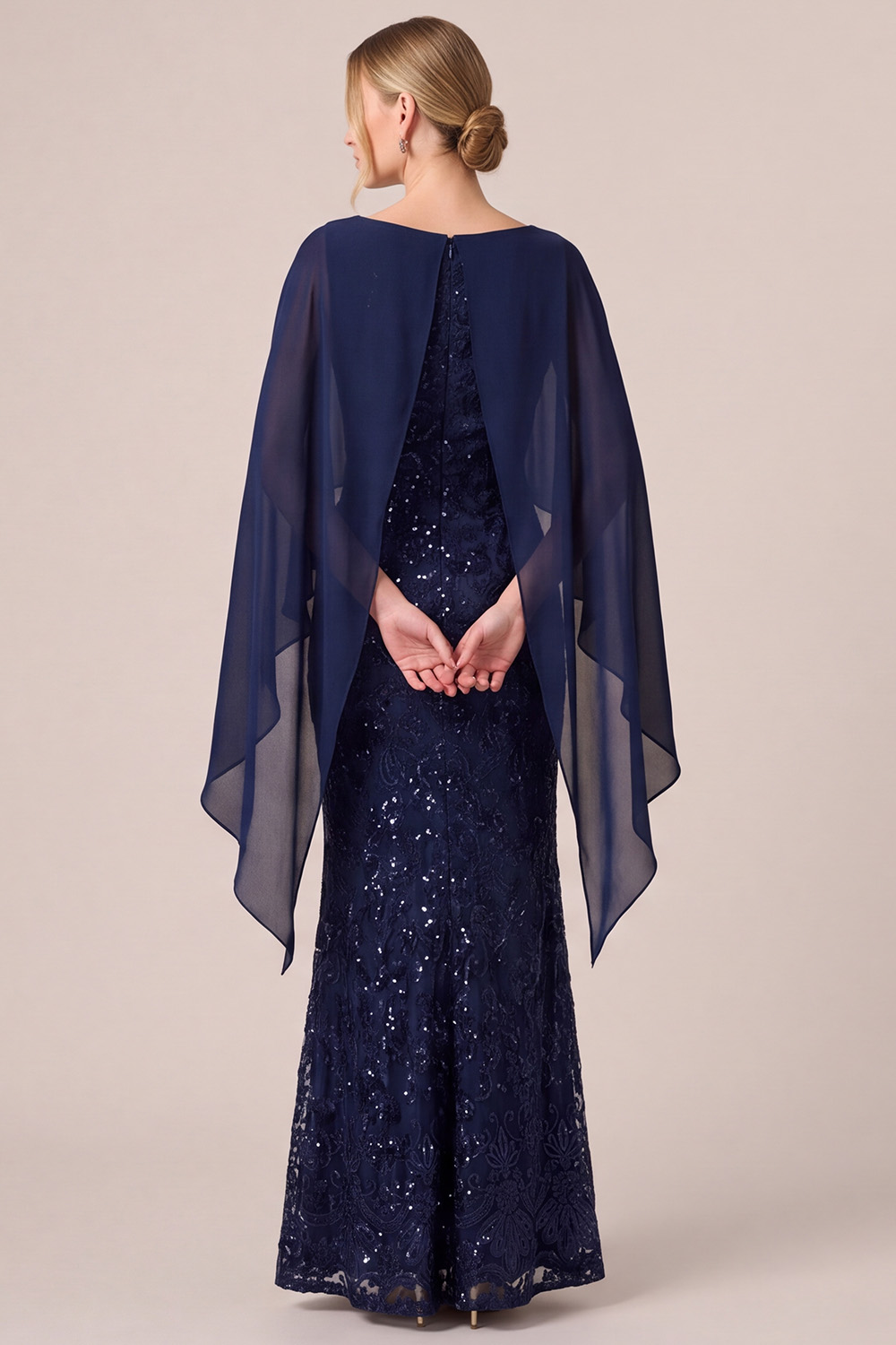 Navy Sparkly Round Neck Sequin Long Mother of the Bride Dress with Cape