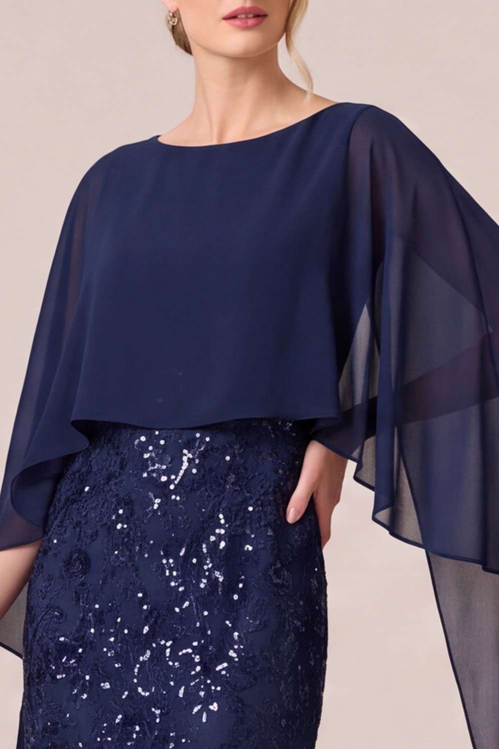 Navy Sparkly Round Neck Sequin Long Mother of the Bride Dress with Cape