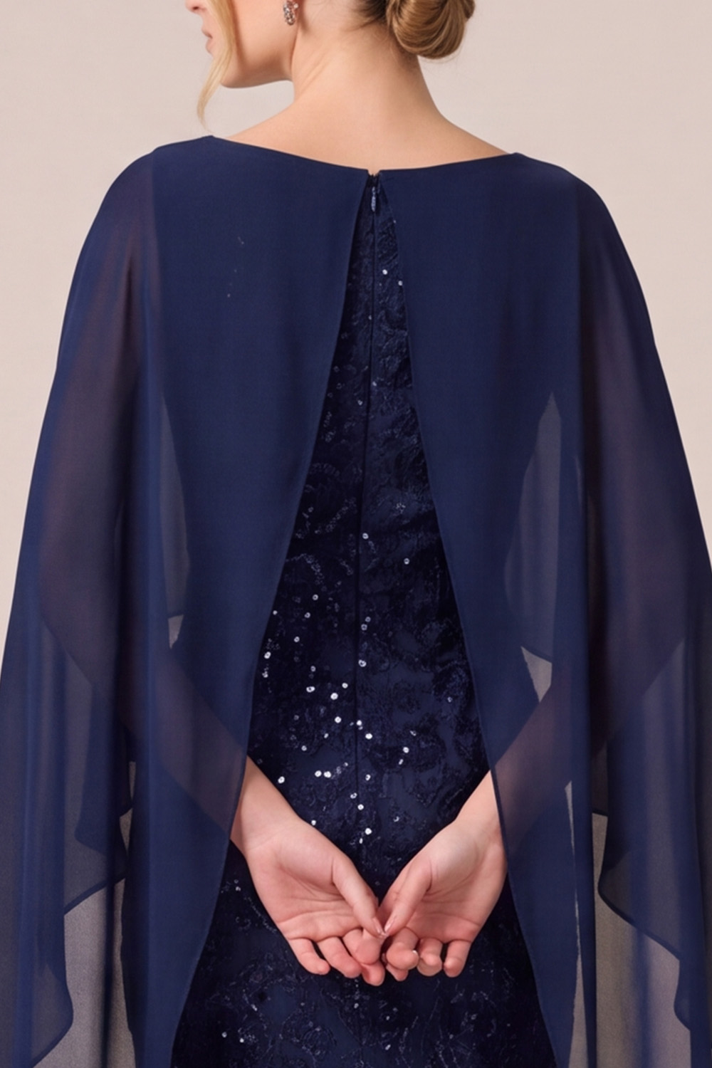 Navy Sparkly Round Neck Sequin Long Mother of the Bride Dress with Cape