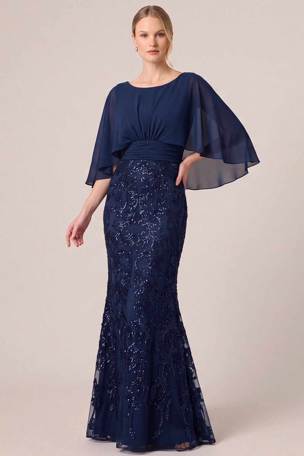 Navy Mermaid Round Neck Sequins Long Mother of the Bride Dress with Cape