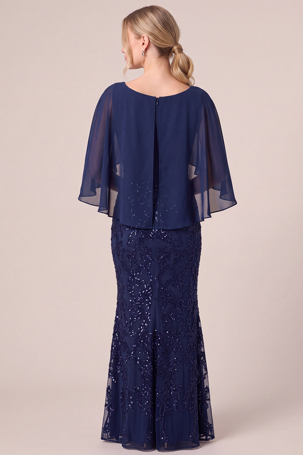 Navy Mermaid Round Neck Sequins Long Mother of the Bride Dress with Cape