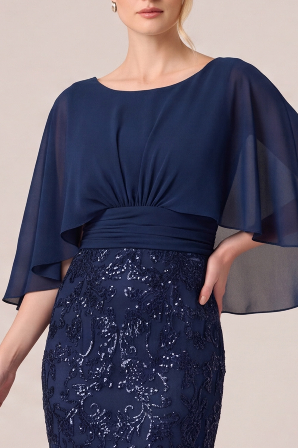 Navy Mermaid Round Neck Sequins Long Mother of the Bride Dress with Cape