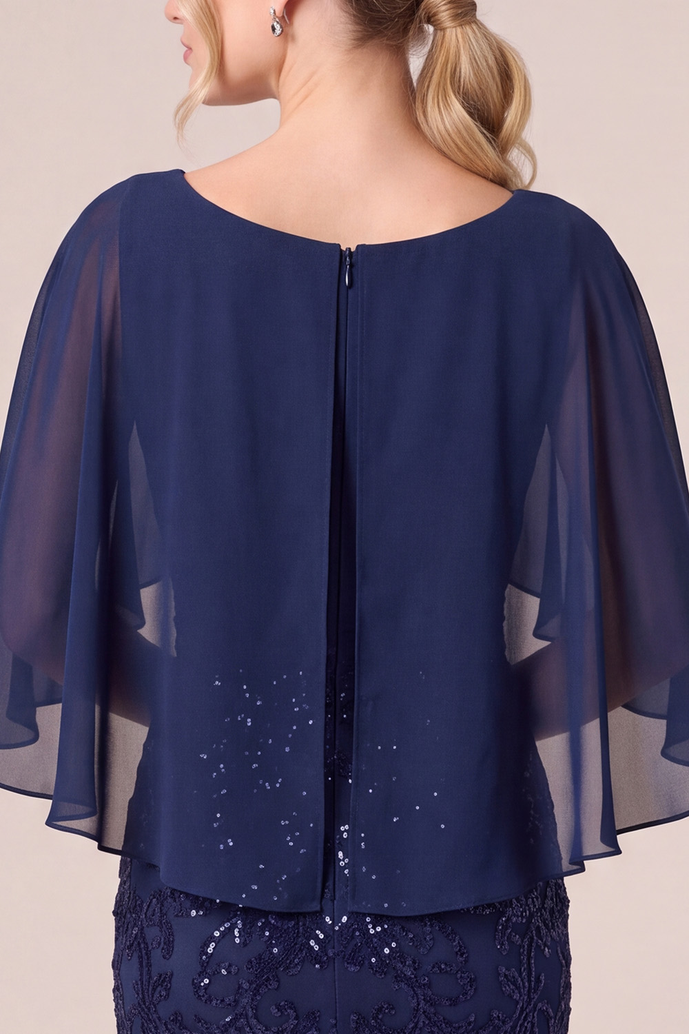 Navy Mermaid Round Neck Sequins Long Mother of the Bride Dress with Cape