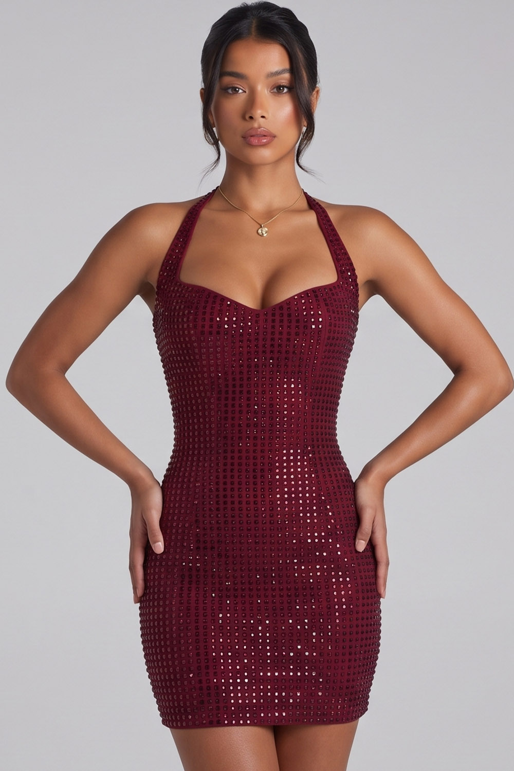 Sparkly Burgundy Bodycon Halter Short Birthday Dress with Sequins