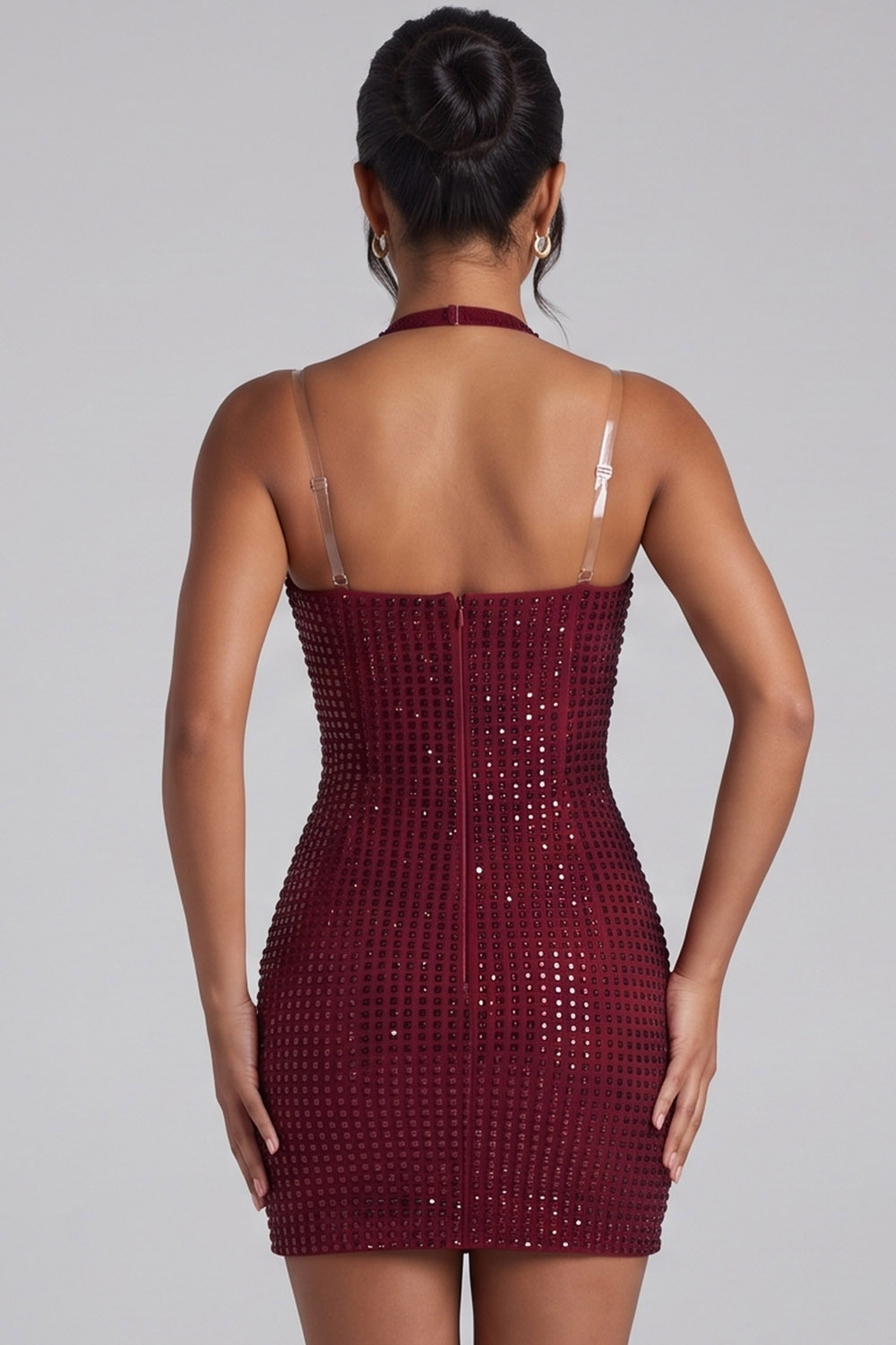 Sparkly Burgundy Bodycon Halter Short Birthday Dress with Sequins