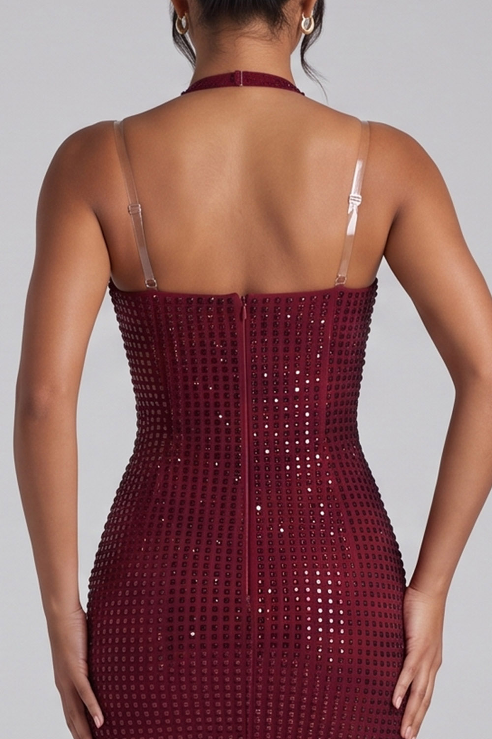 Sparkly Burgundy Bodycon Halter Short Birthday Dress with Sequins