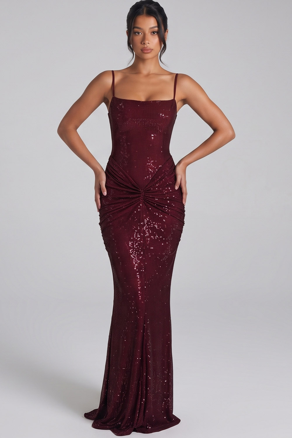Burgundy Sparkly Sequin Spaghetti Straps Ruched Long Prom Dress