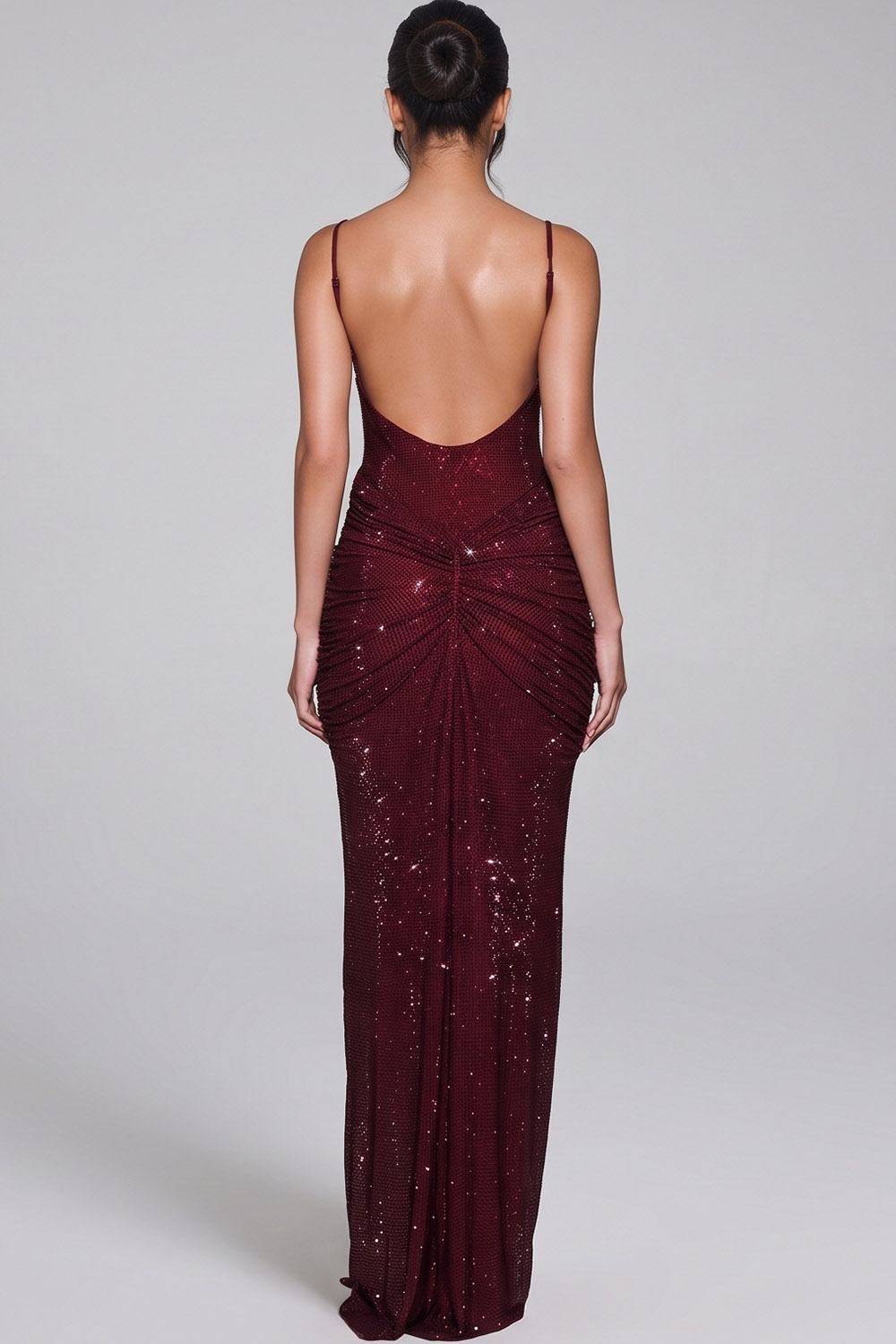 Burgundy Sparkly Sequin Spaghetti Straps Ruched Long Prom Dress