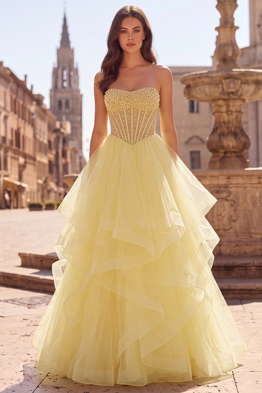 Yellow Corset Sweetheart Ball Gown Tiered Long Prom Dress with Beading