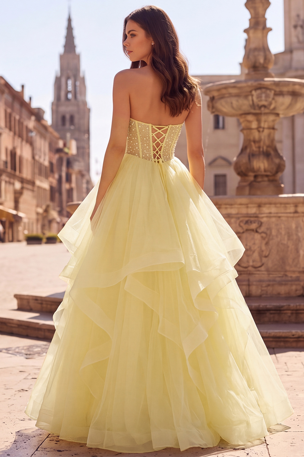 Yellow Corset Sweetheart Ball Gown Tiered Long Prom Dress with Beading