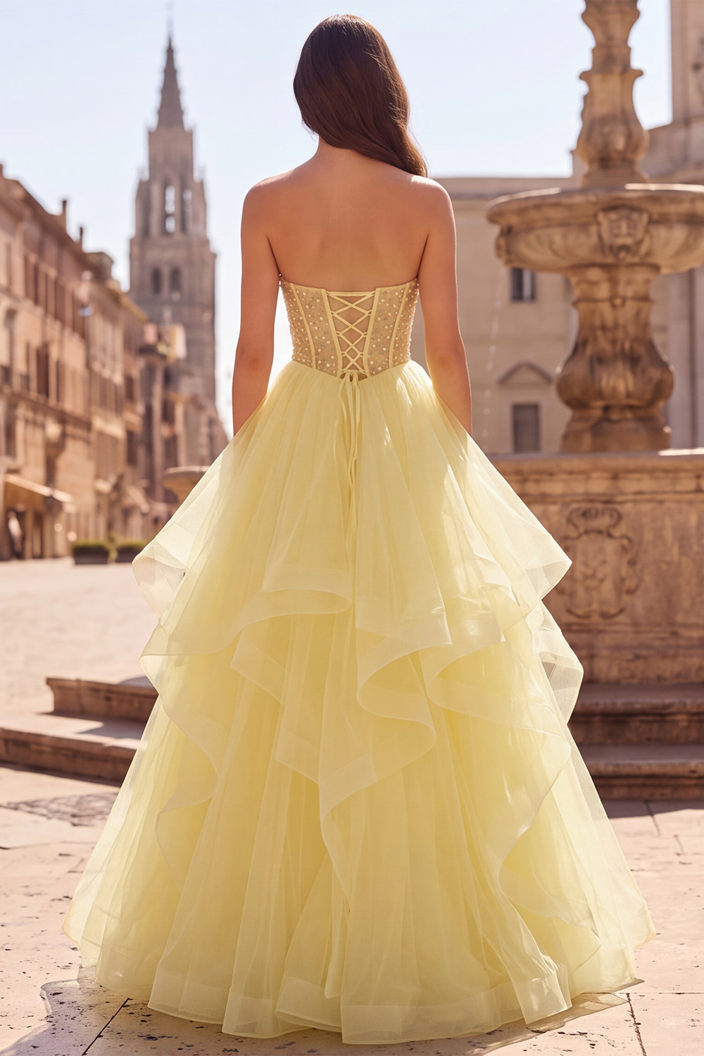 Yellow Corset Sweetheart Ball Gown Tiered Long Prom Dress with Beading