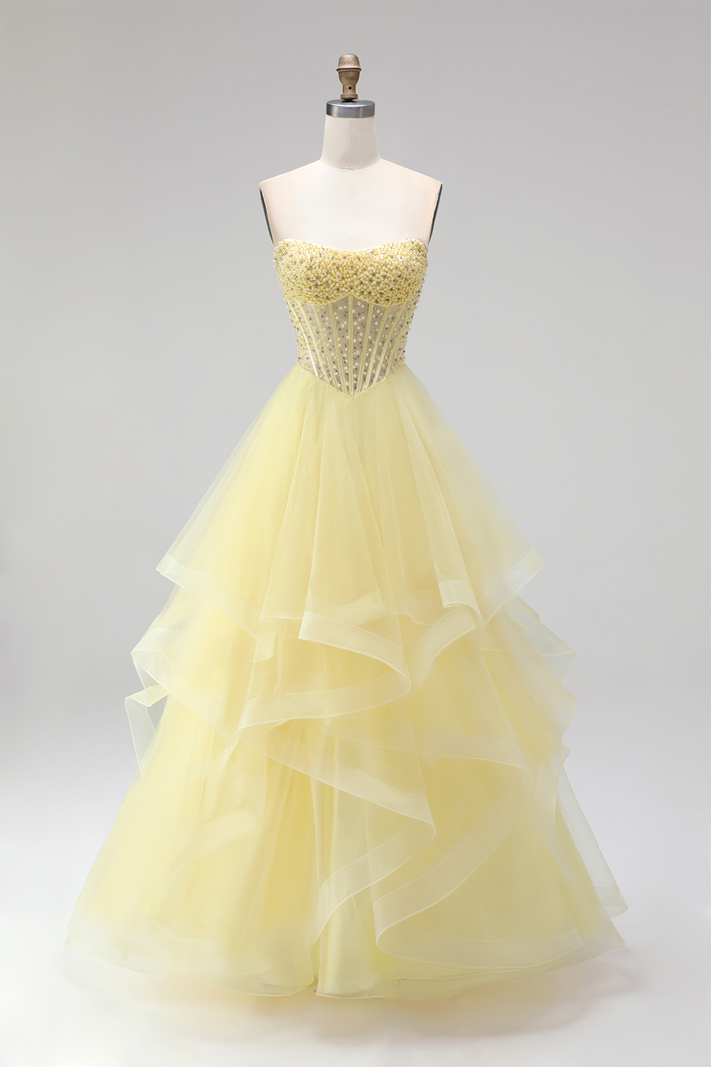 Yellow Corset Sweetheart Ball Gown Tiered Long Prom Dress with Beading