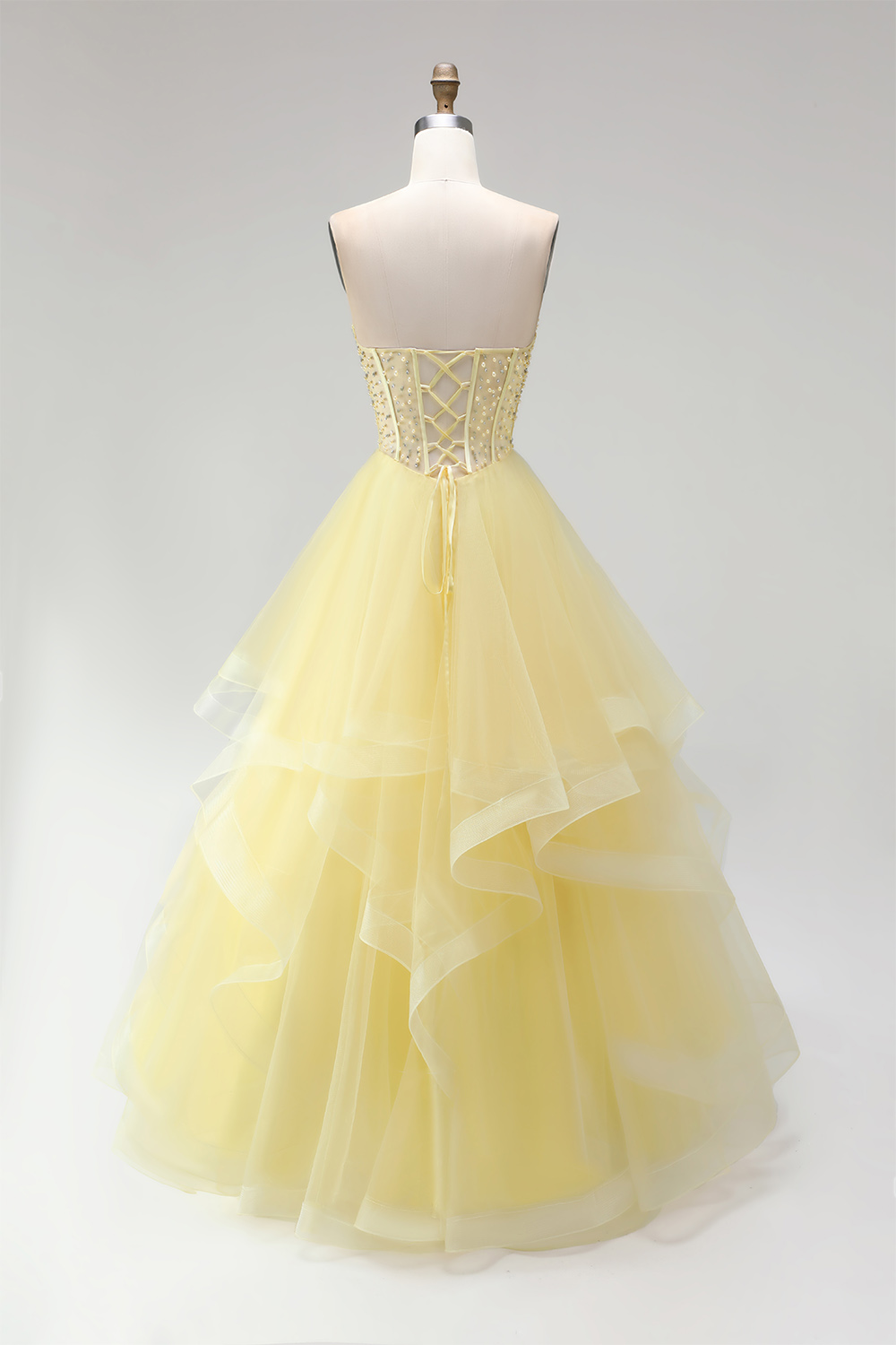 Yellow Corset Sweetheart Ball Gown Tiered Long Prom Dress with Beading