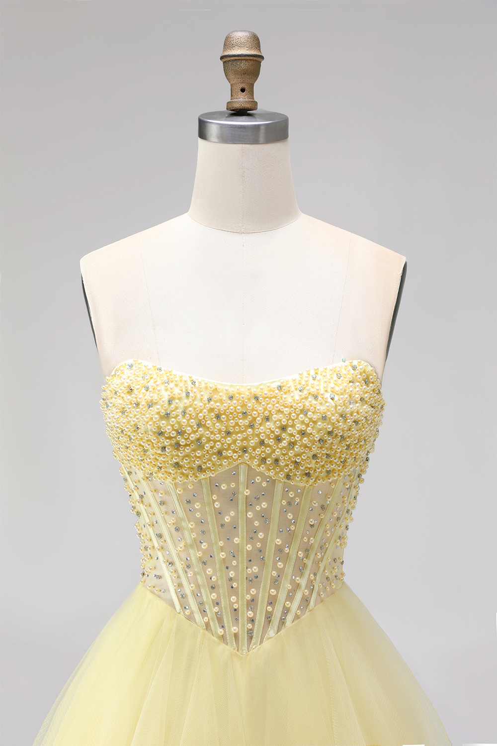 Yellow Corset Sweetheart Ball Gown Tiered Long Prom Dress with Beading