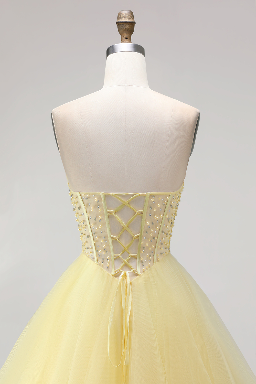 Yellow Corset Sweetheart Ball Gown Tiered Long Prom Dress with Beading