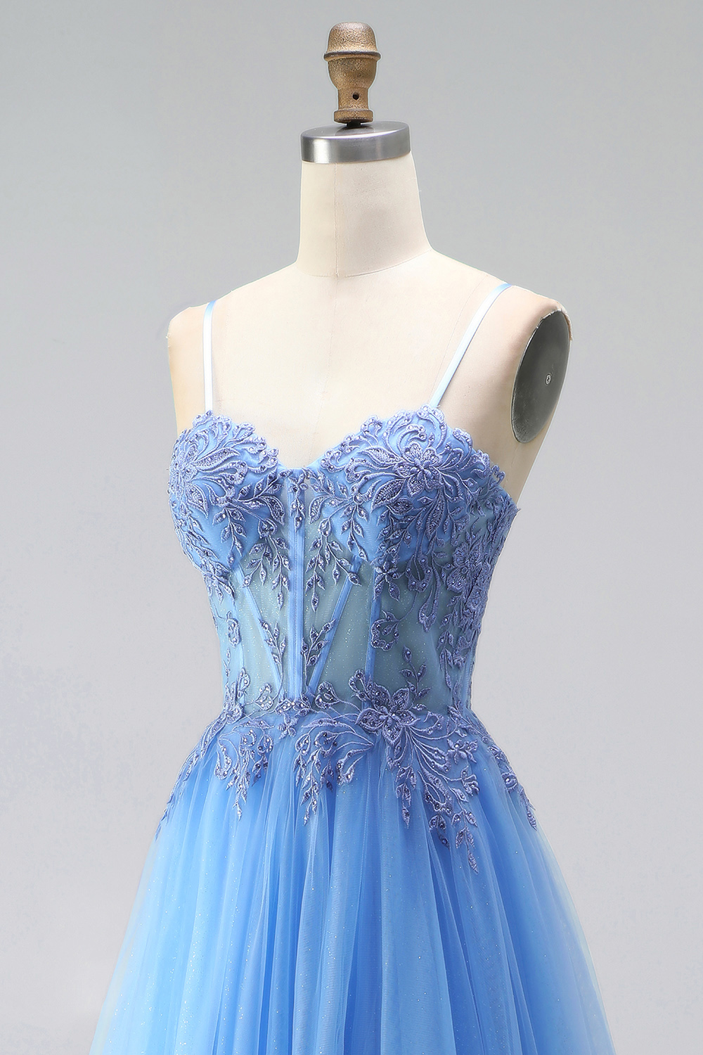 Blue Corset A-Line Spaghetti Straps Long Prom Dress with Slit