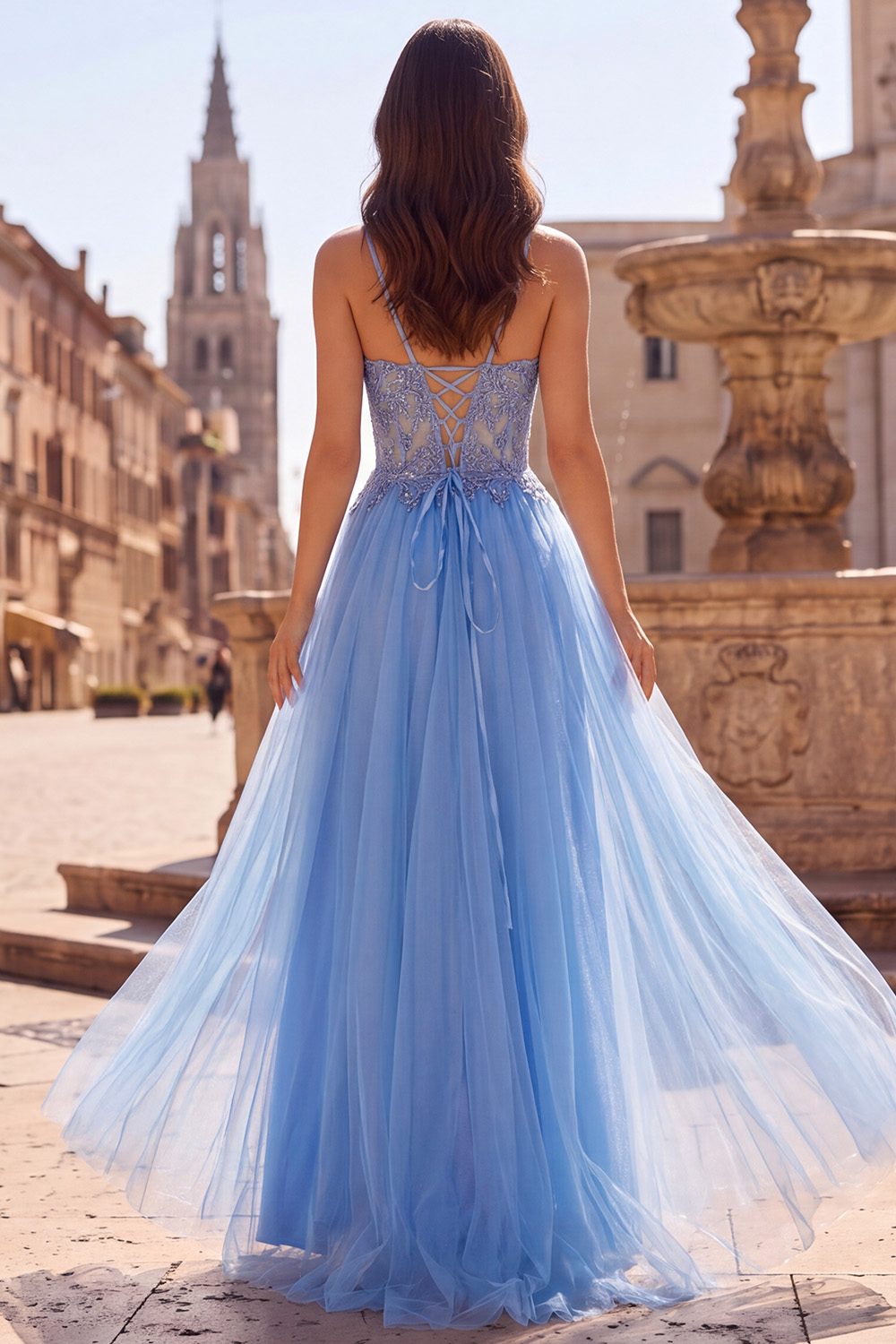 Blue Corset A-Line Spaghetti Straps Long Prom Dress with Slit