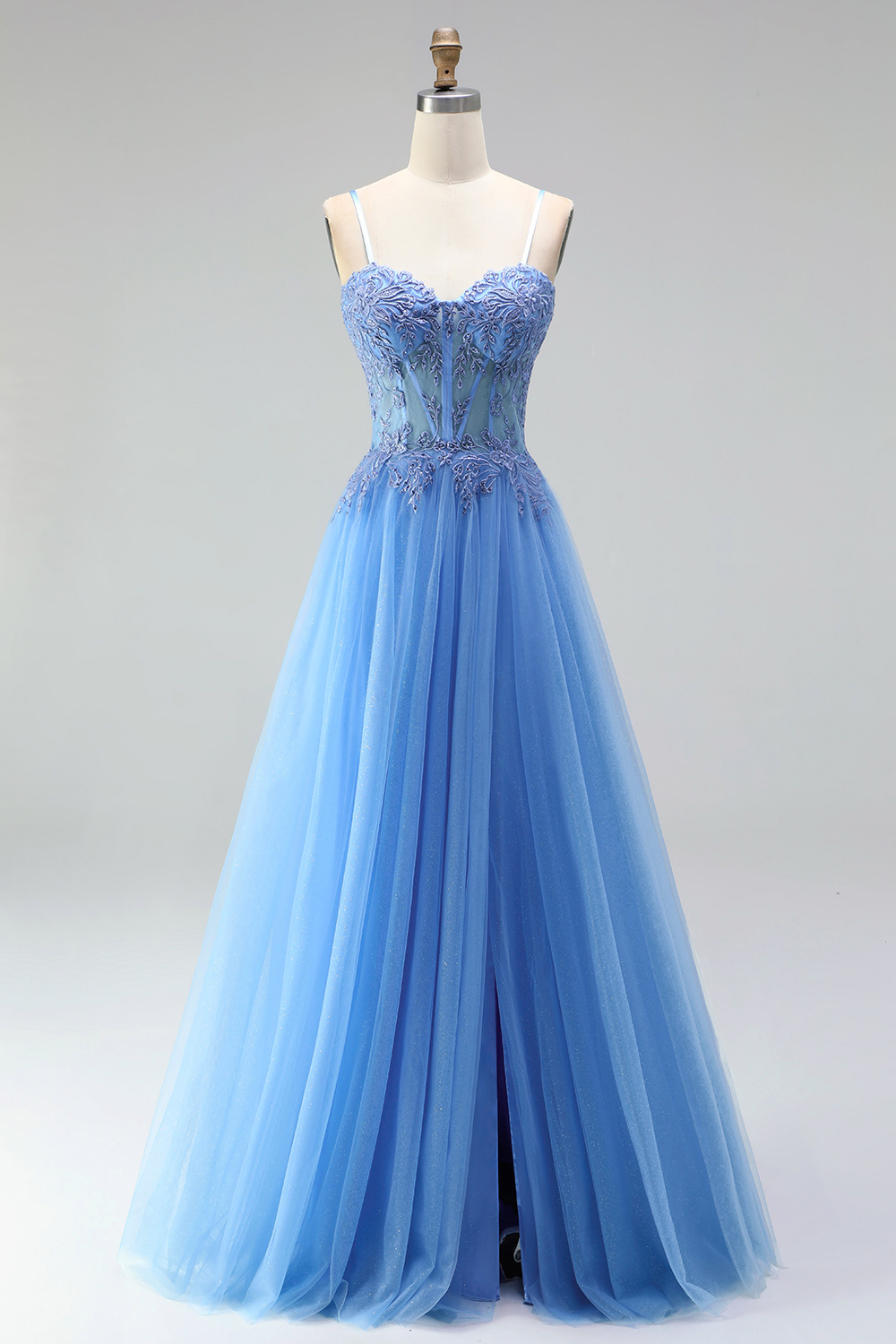Blue Corset A-Line Spaghetti Straps Long Prom Dress with Slit