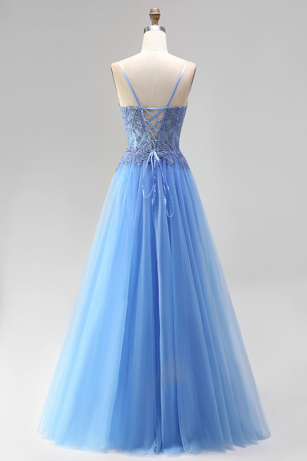 Blue Corset A-Line Spaghetti Straps Long Prom Dress with Slit