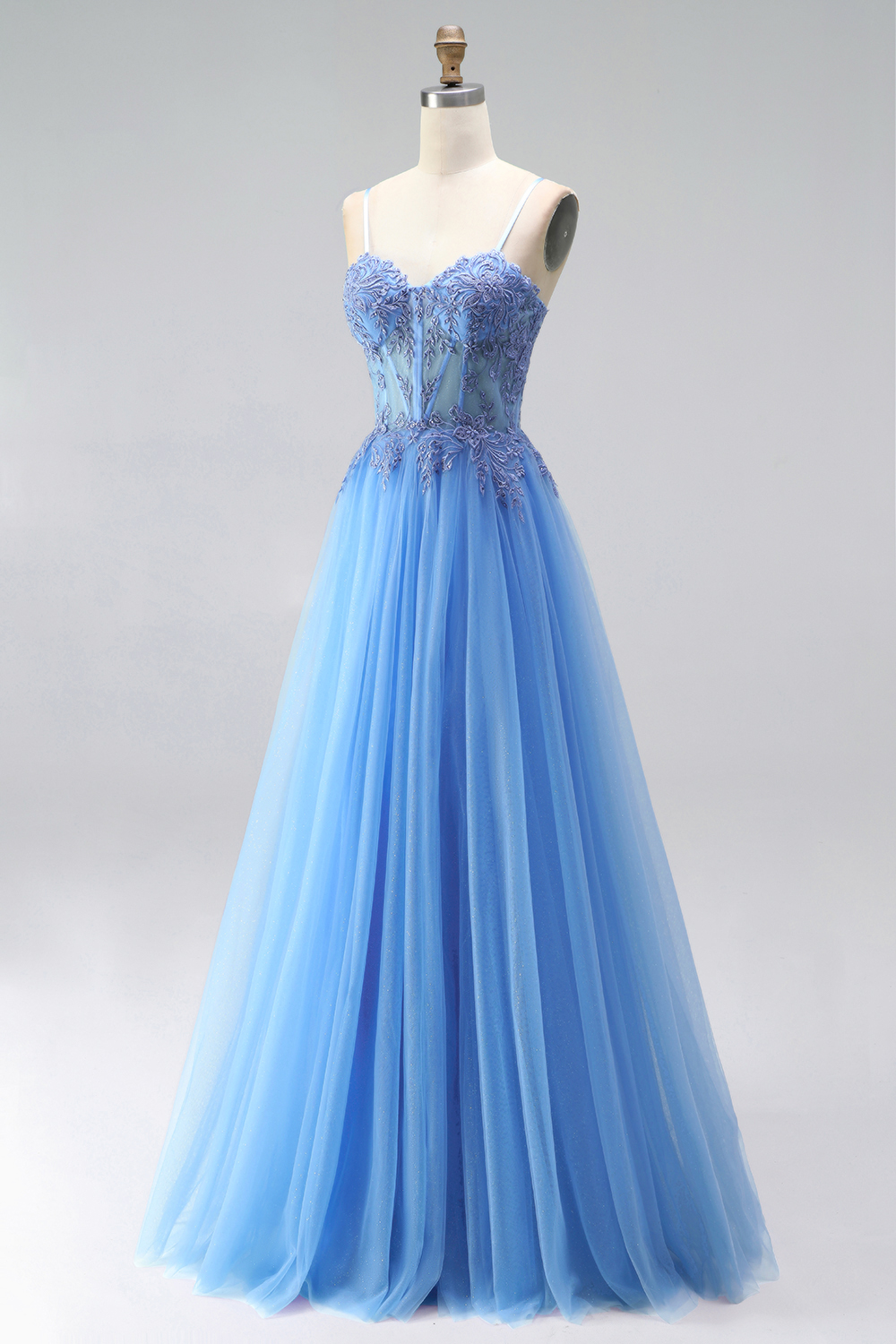 Blue Corset A-Line Spaghetti Straps Long Prom Dress with Slit