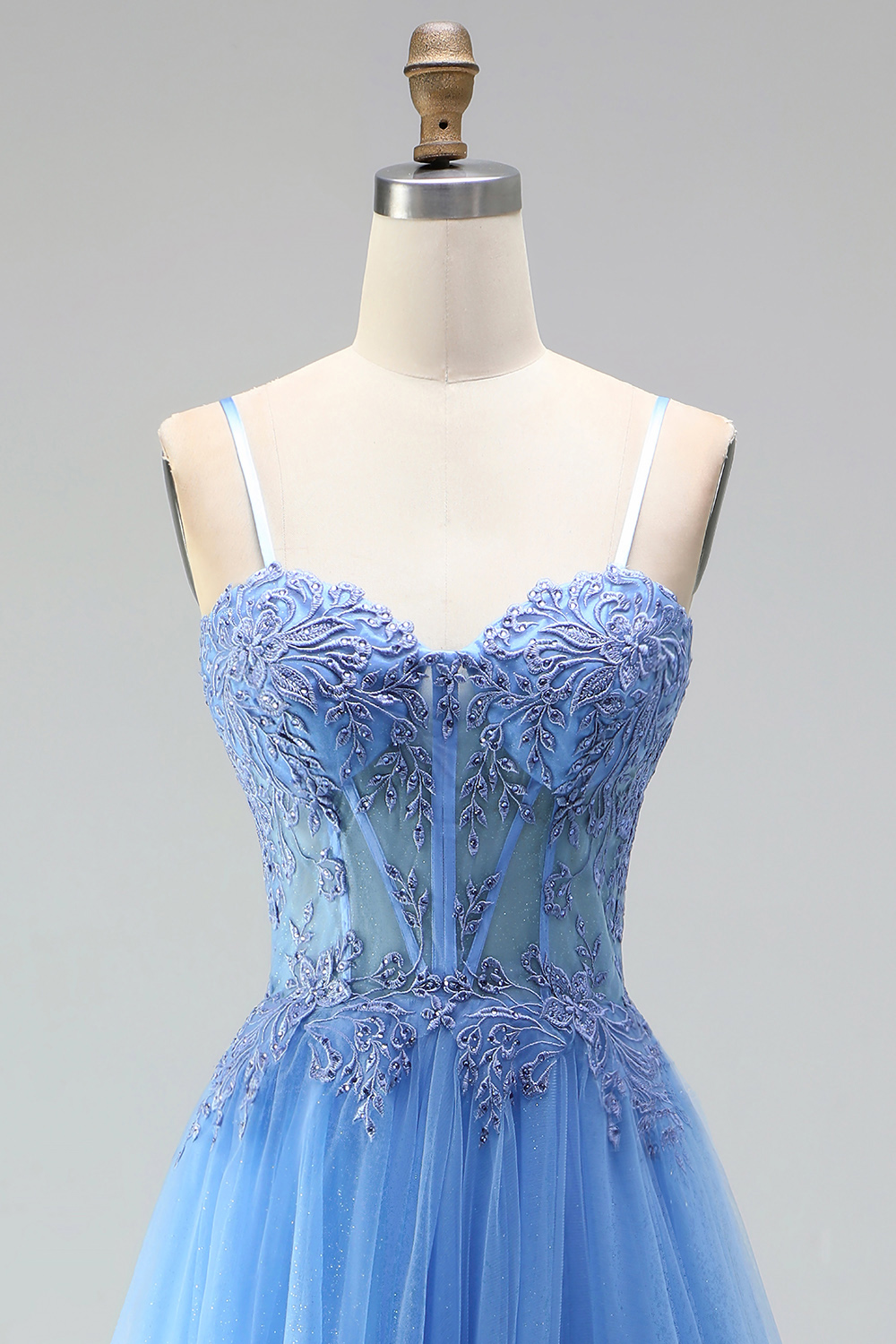 Blue Corset A-Line Spaghetti Straps Long Prom Dress with Slit