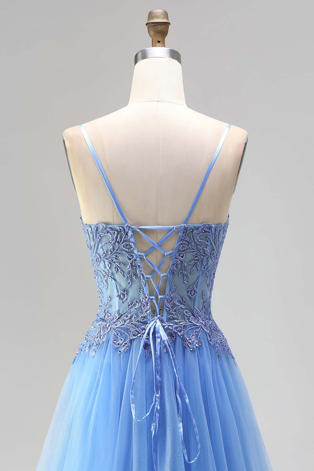 Blue Corset A-Line Spaghetti Straps Long Prom Dress with Slit