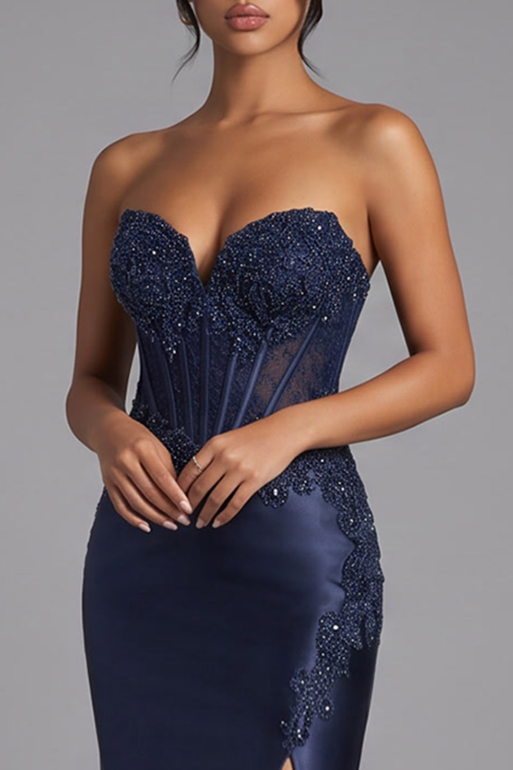 Dark Navy Corset Sweetheart Mermaid Long Prom Dress with Slit